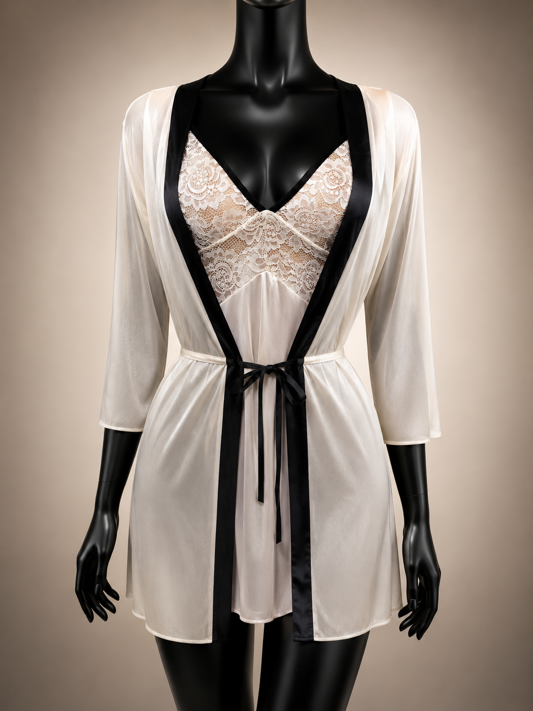 Moon Seduction Set Ivory robe front with black trim